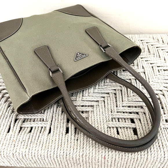 PRADA Olive Logo Canvas and Leather Tote Bag - Picture 5 of 13